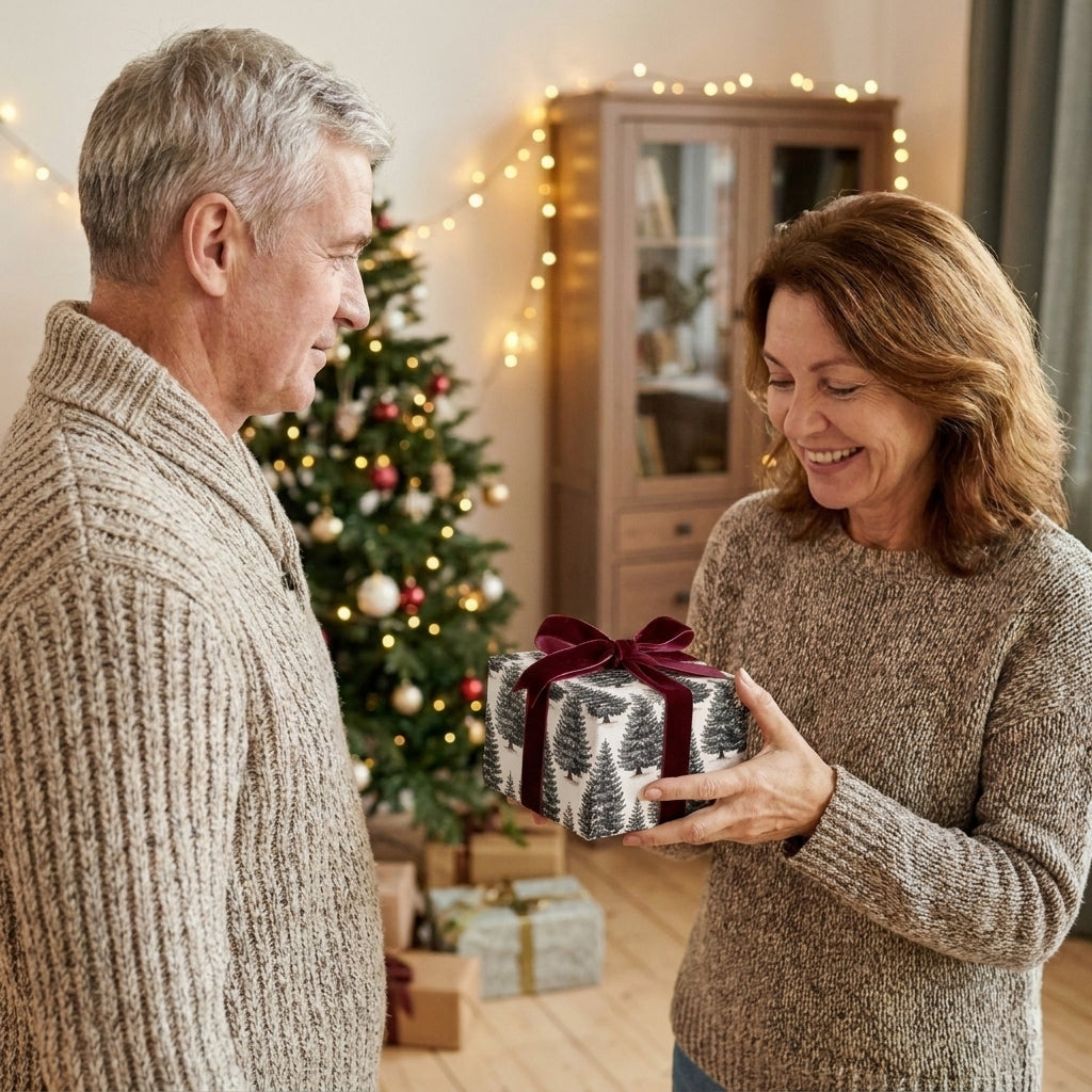 Christmas wrapping paper with pine trees and velvet ribbon by Wrapped Studios, held by a smiling woman.