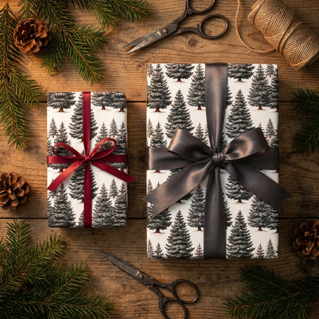 Rustic pine tree Christmas wrapping paper on gifts with satin ribbons by Wrapped Studios.