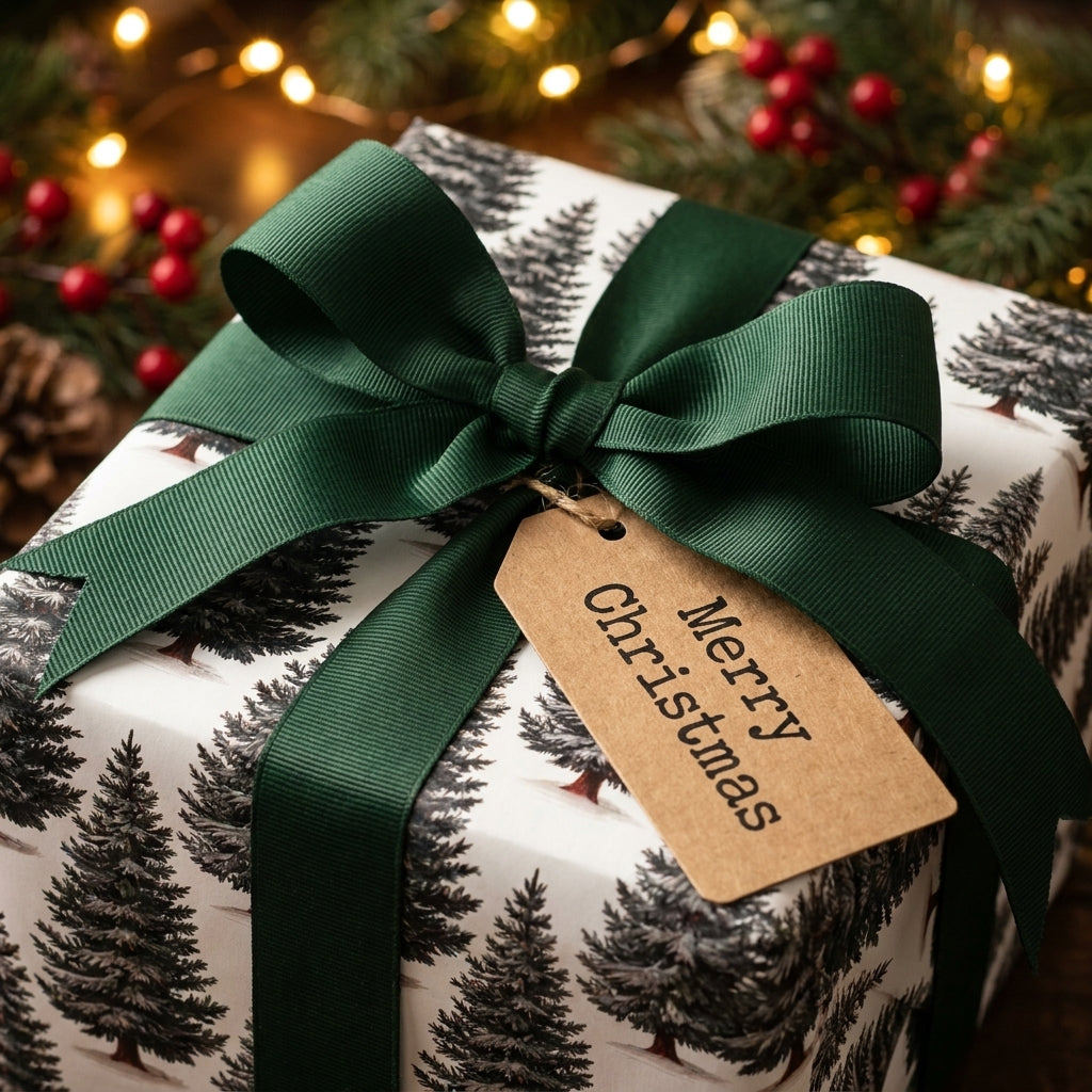 Rustic pine tree Christmas wrapping paper with a green ribbon and Merry Christmas tag by Wrapped Studios.