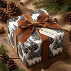 Rustic woodland Christmas wrapping paper with pine tree pattern and brown velvet bow by Wrapped Studios.