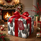 Luxury pine tree Christmas wrapping paper with a red satin bow, by Wrapped Studios.