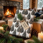 Rustic pine tree Christmas gift wrap by Wrapped Studios on a present by a cozy fireplace.