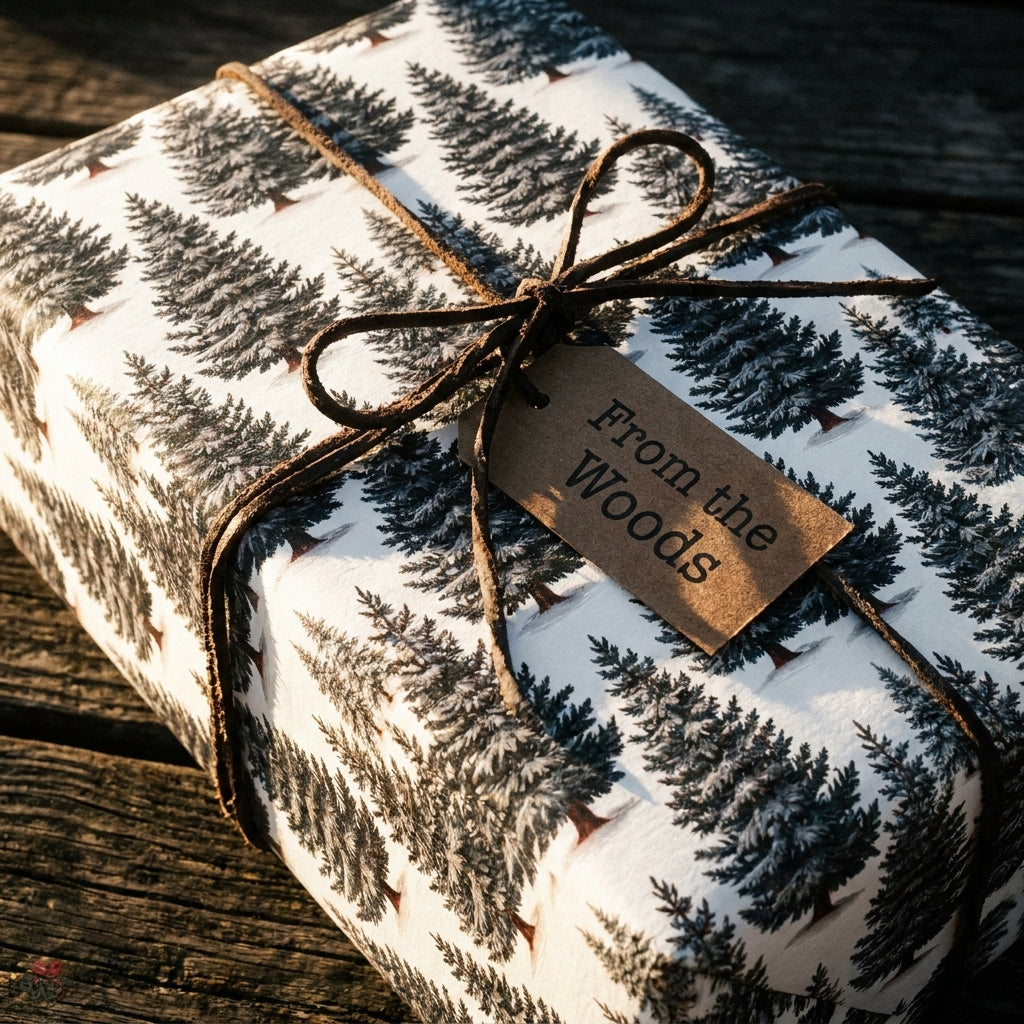 Rustic pine tree Christmas wrapping paper by Wrapped Studios, tied with a brown twine bow and tag.