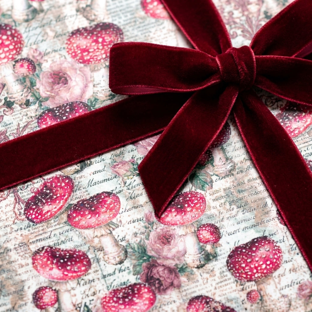 Vintage woodland mushroom wrapping paper with a burgundy velvet bow by Wrapped Studios.