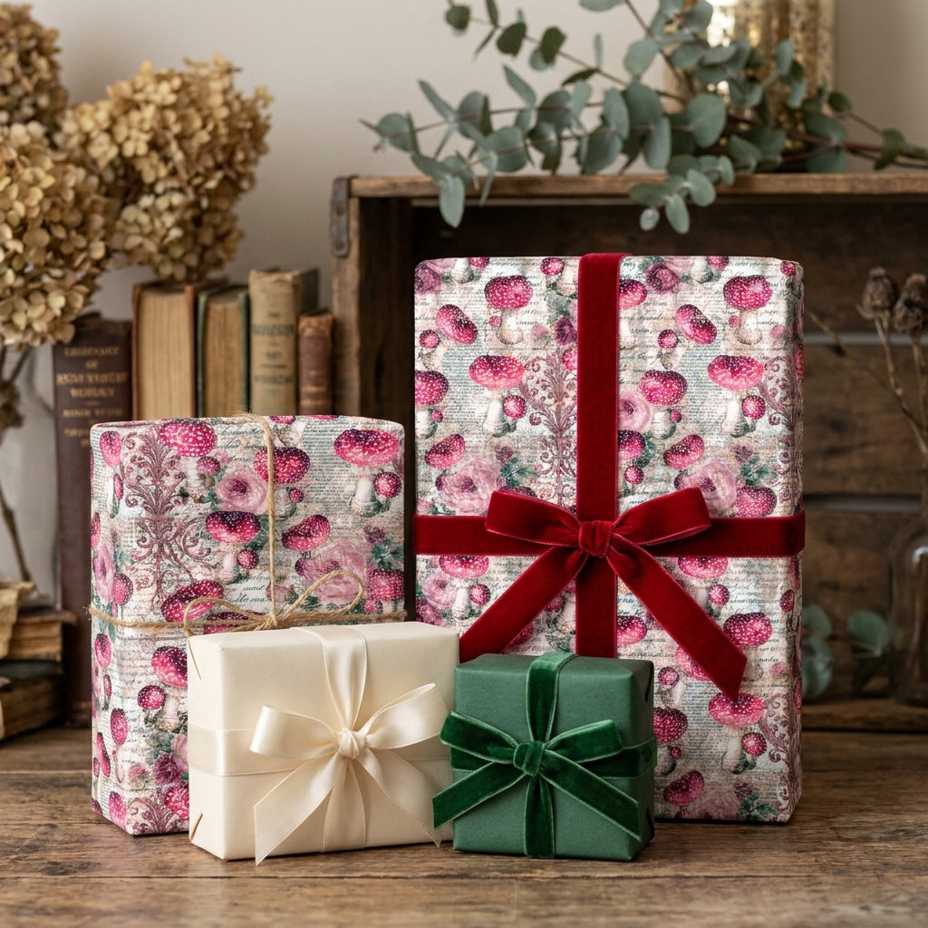 Vintage mushroom wrapping paper with red velvet bows on rustic holiday gifts by Wrapped Studios.