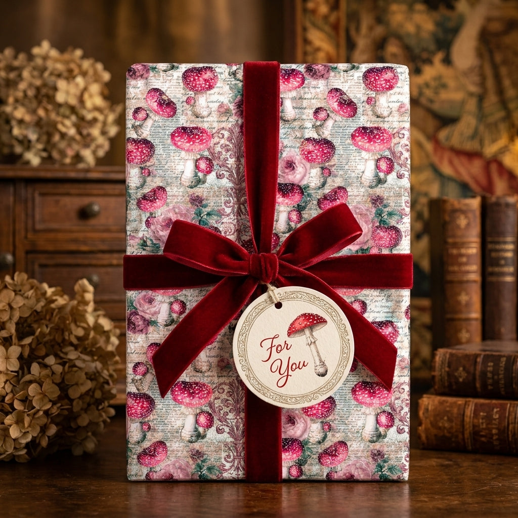 Cottagecore mushroom wrapping paper with a luxury red velvet bow and tag by Wrapped Studios.