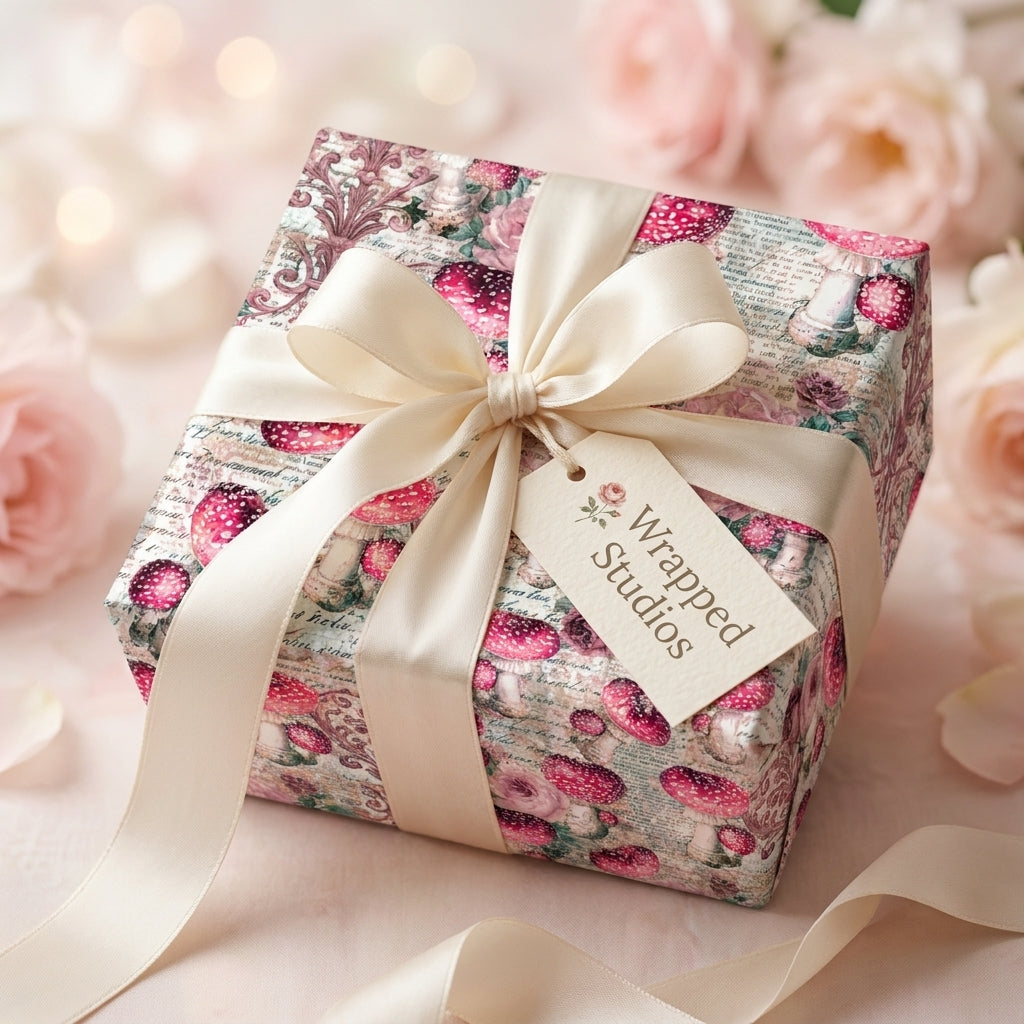 Vintage mushroom wrapping paper by Wrapped Studios on a gift box with a cream satin bow and pink rose background.