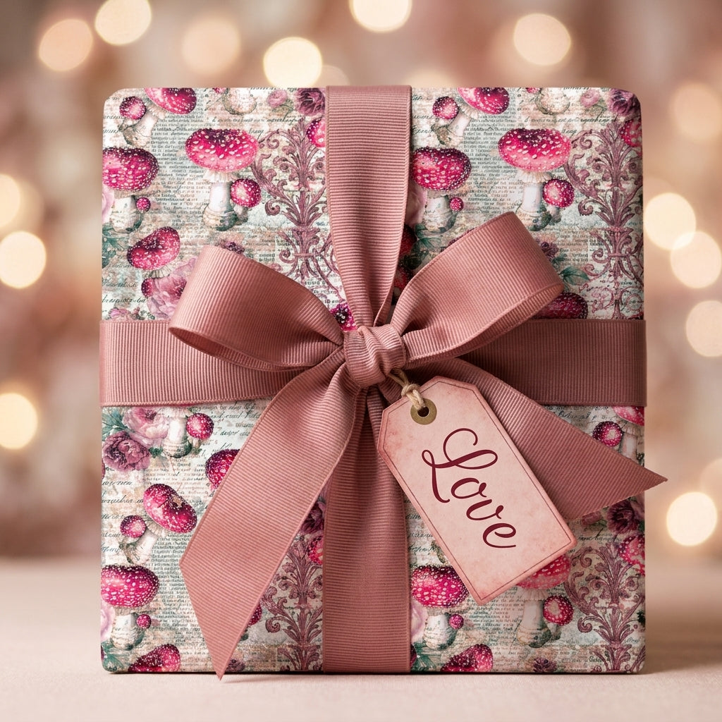 Vintage mushroom wrapping paper with a dusty rose ribbon and Love tag by Wrapped Studios.