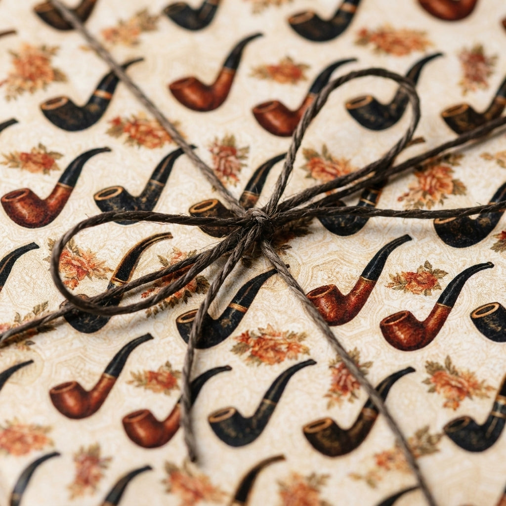 Vintage Father's Day wrapping paper with a pipe pattern and twine bow by Wrapped Studios.