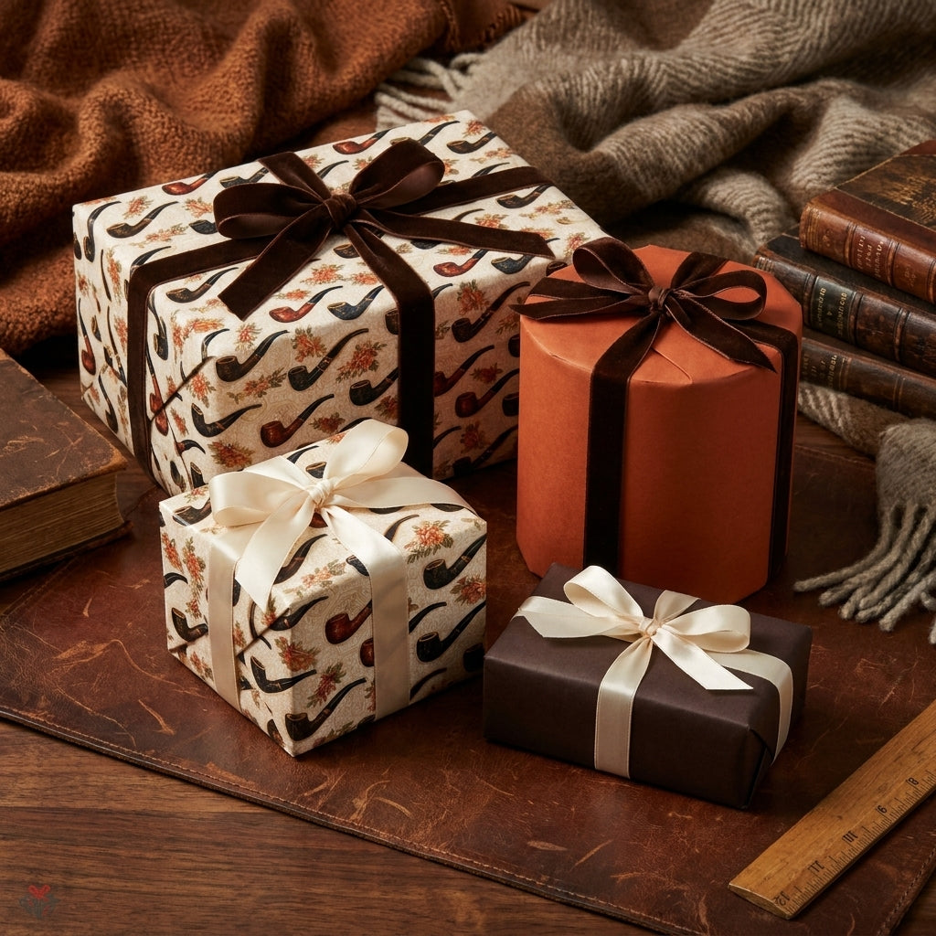 Vintage smoking pipe wrapping paper on cozy gift boxes with velvet bows by Wrapped Studios.