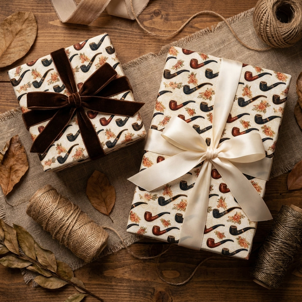 Vintage pipe wrapping paper on rustic gifts with velvet and satin bows by Wrapped Studios.