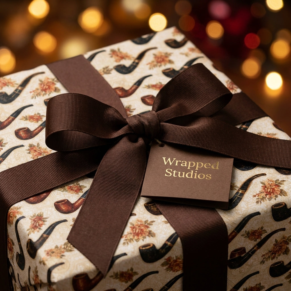 Vintage pipe wrapping paper with a brown ribbon bow, perfect for Father's Day by Wrapped Studios.