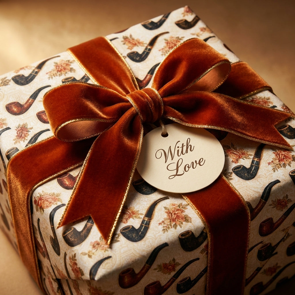Vintage smoking pipe wrapping paper with a rust velvet ribbon and gift tag by Wrapped Studios.
