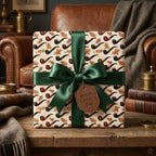 Masculine Father’s Day wrapping paper with vintage pipe pattern and green ribbon by Wrapped Studios.