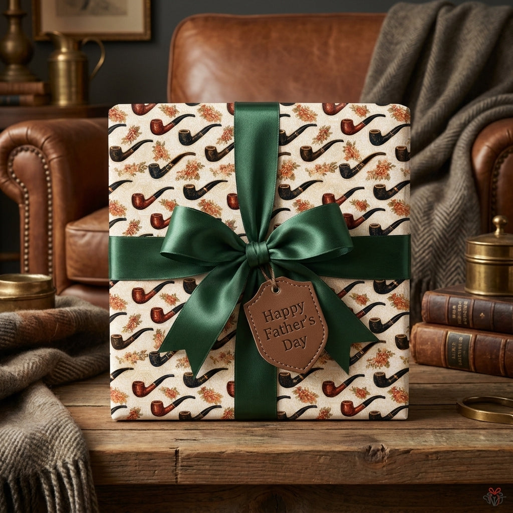 Masculine Father’s Day wrapping paper with vintage pipe pattern and green ribbon by Wrapped Studios.
