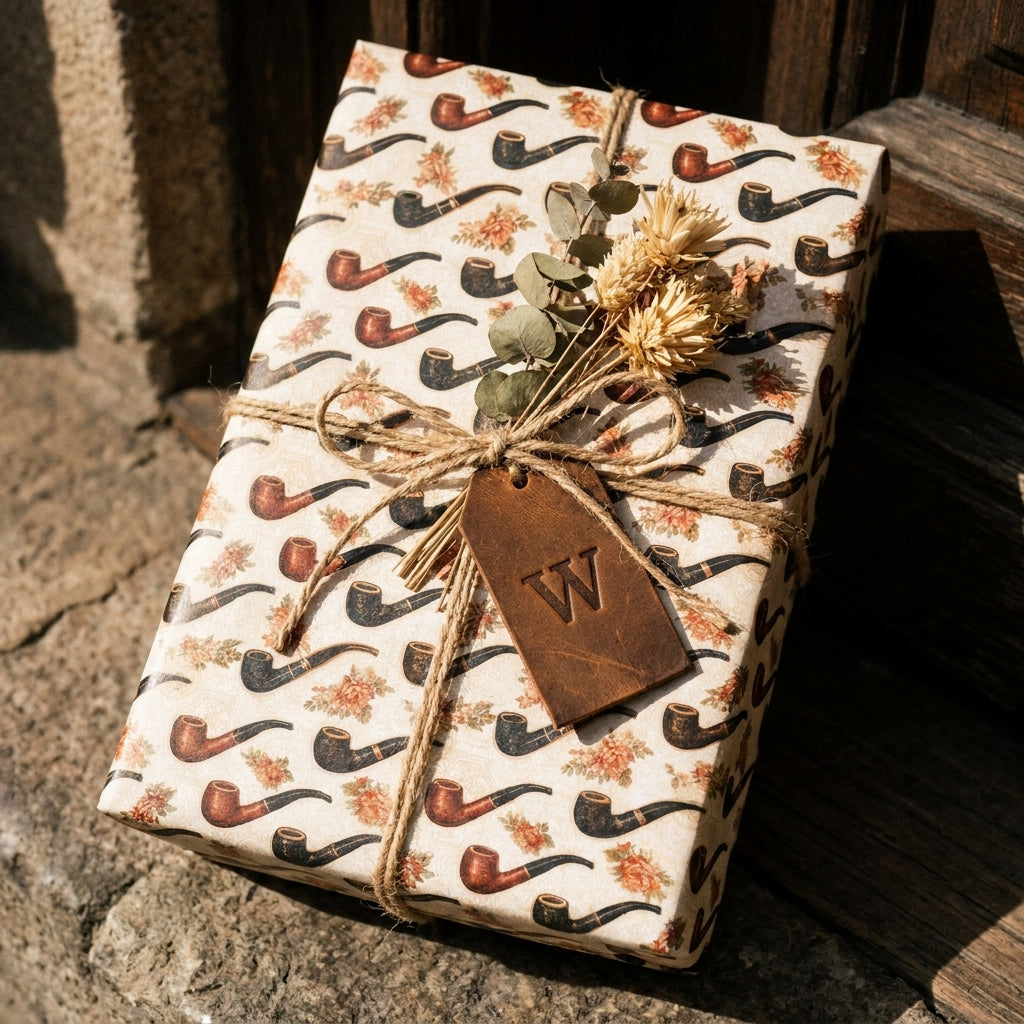 Vintage smoking pipe wrapping paper by Wrapped Studios on a rustic gift box with twine.