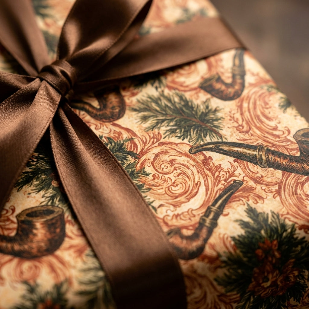 Vintage wrapping paper with pipes and pine needles, tied with a brown satin bow by Wrapped Studios.