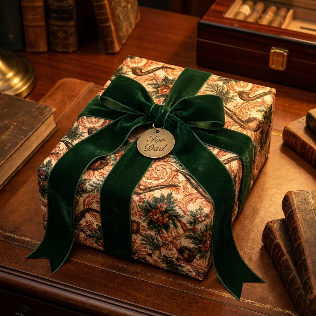 Vintage masculine gift wrap with pipes, a forest green velvet bow, and a "For Dad" tag by Wrapped Studios.