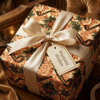 Vintage Christmas wrapping paper with pipes and pines, cream satin bow, and gift tag by Wrapped Studios.