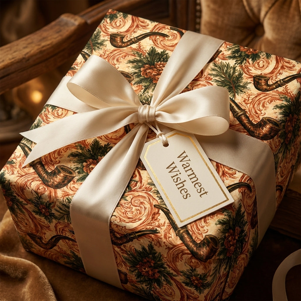 Vintage Christmas wrapping paper with pipes and pines, cream satin bow, and gift tag by Wrapped Studios.