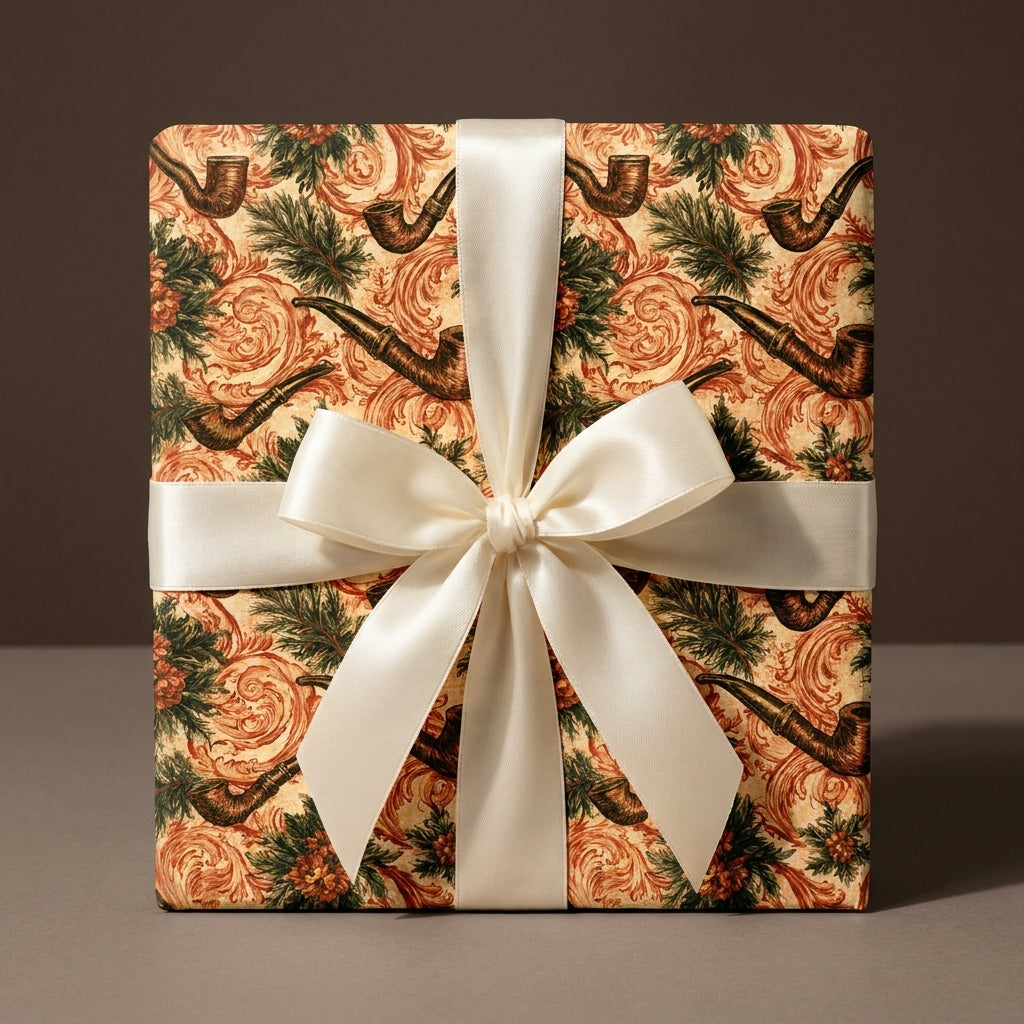 Vintage masculine wrapping paper with tobacco pipe print and ivory satin bow by Wrapped Studios.
