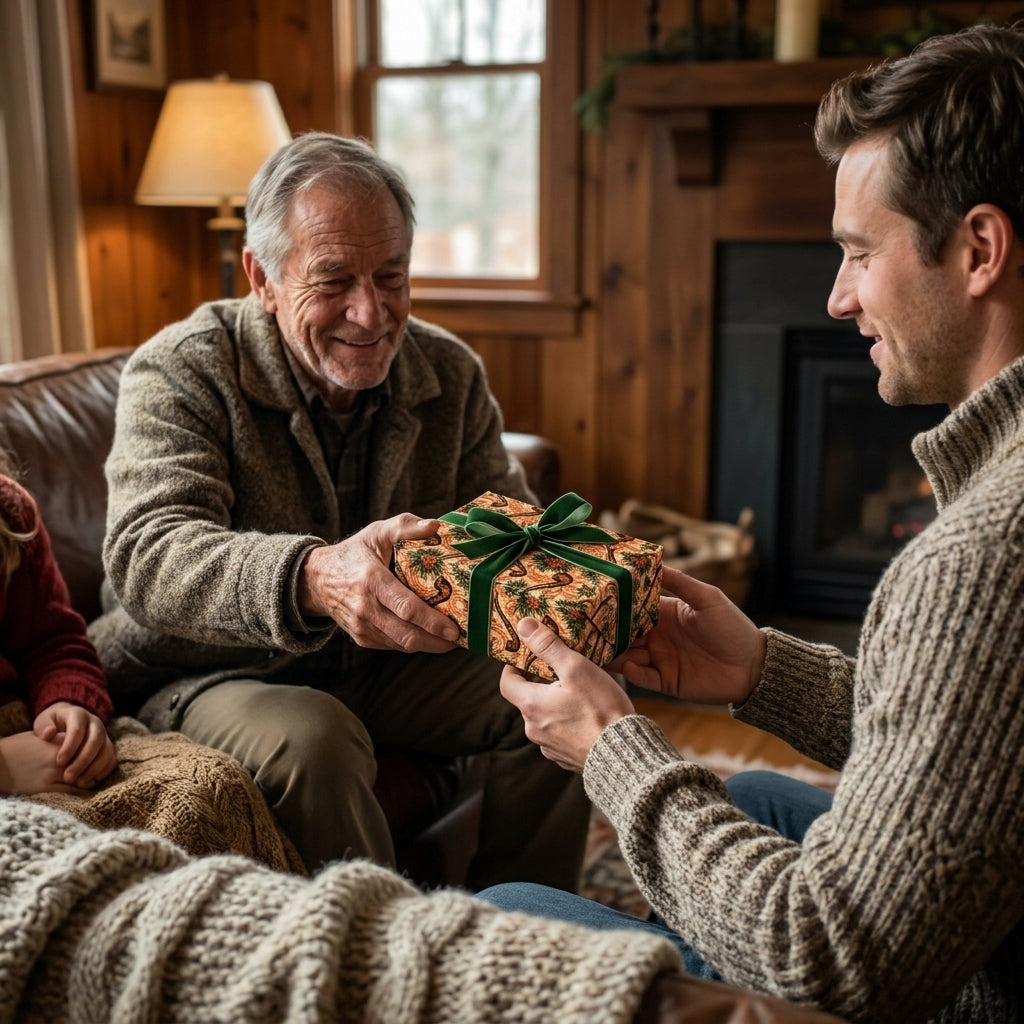 Cozy holiday gift exchange with vintage wrapping paper and green velvet ribbon by Wrapped Studios.