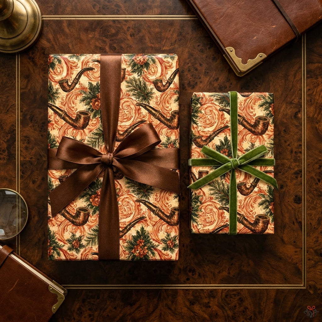 Luxury vintage wrapping paper with a tobacco pipe pattern and velvet ribbons by Wrapped Studios.