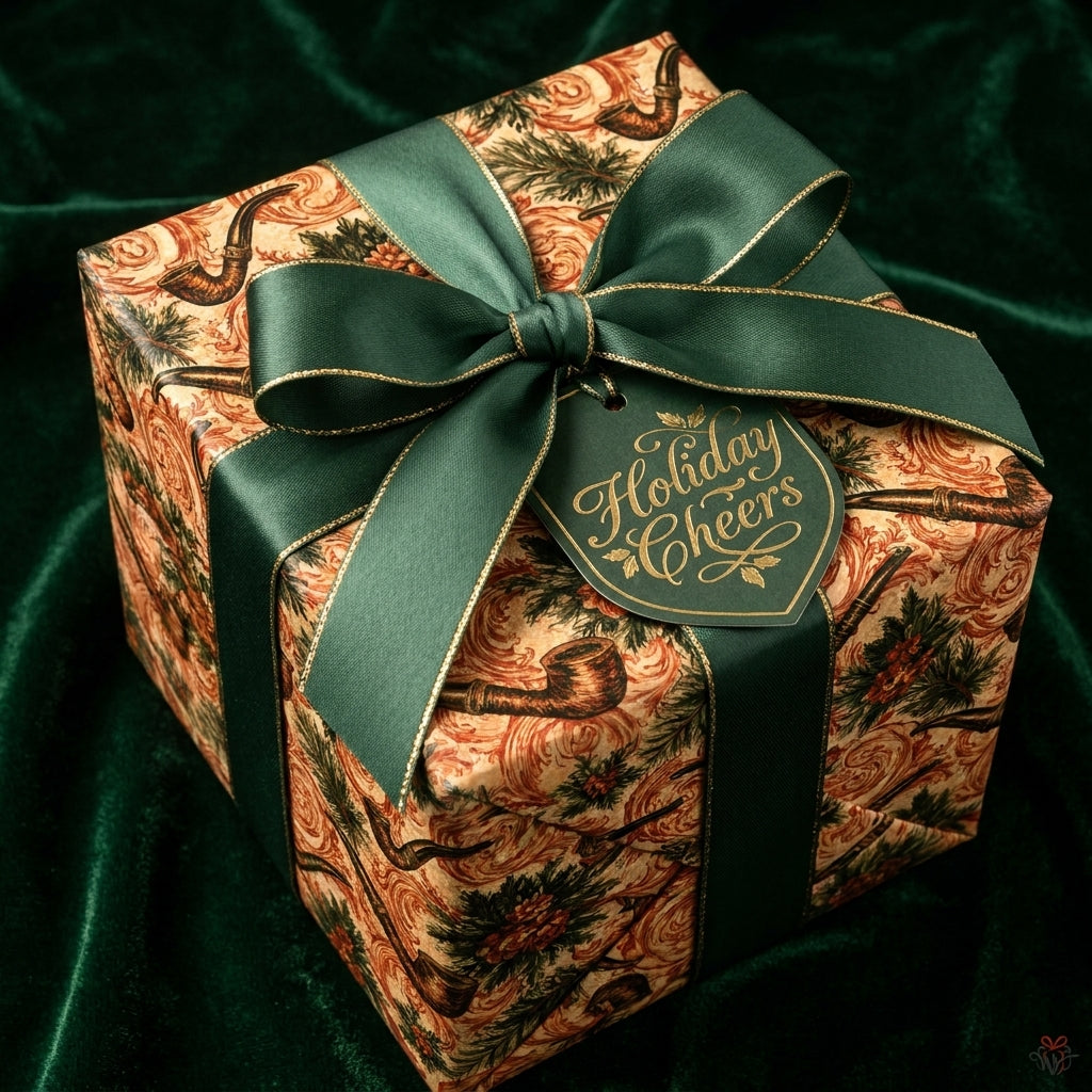 Luxury vintage Christmas gift wrap with a green ribbon and holiday tag by Wrapped Studios.