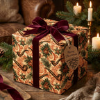 Vintage Christmas wrapping paper with a pine and pipe pattern, tied in a burgundy velvet bow by Wrapped Studios.