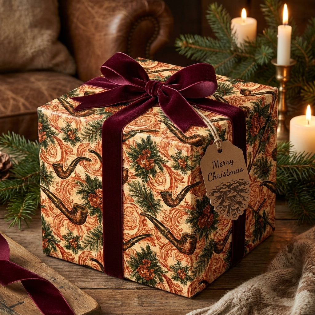 Vintage Christmas wrapping paper with a pine and pipe pattern, tied in a burgundy velvet bow by Wrapped Studios.