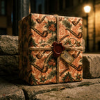 Vintage pipe wrapping paper on a gift box with rustic twine and a wax seal by Wrapped Studios.