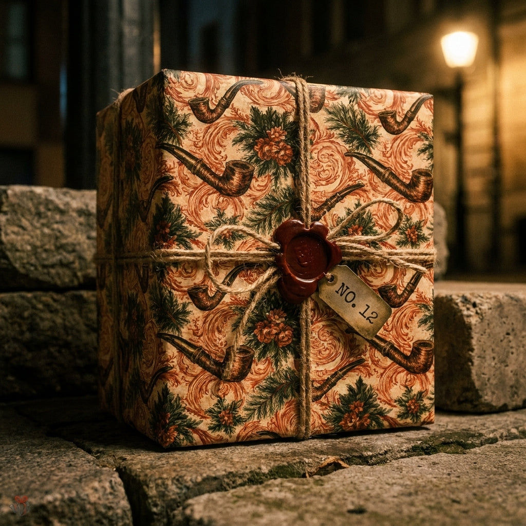 Vintage pipe wrapping paper on a gift box with rustic twine and a wax seal by Wrapped Studios.