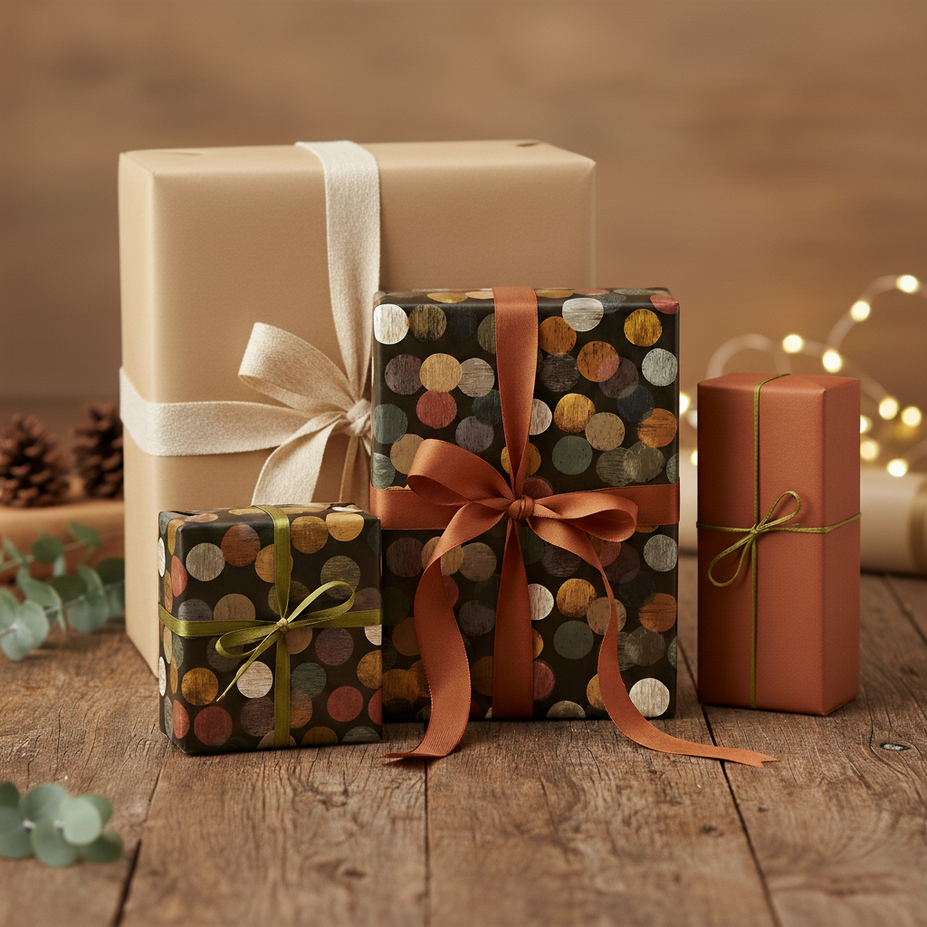 Elegant presents wrapped in brown and multi-colored polka dot gift wrap with satin ribbons on a rustic wood surface.