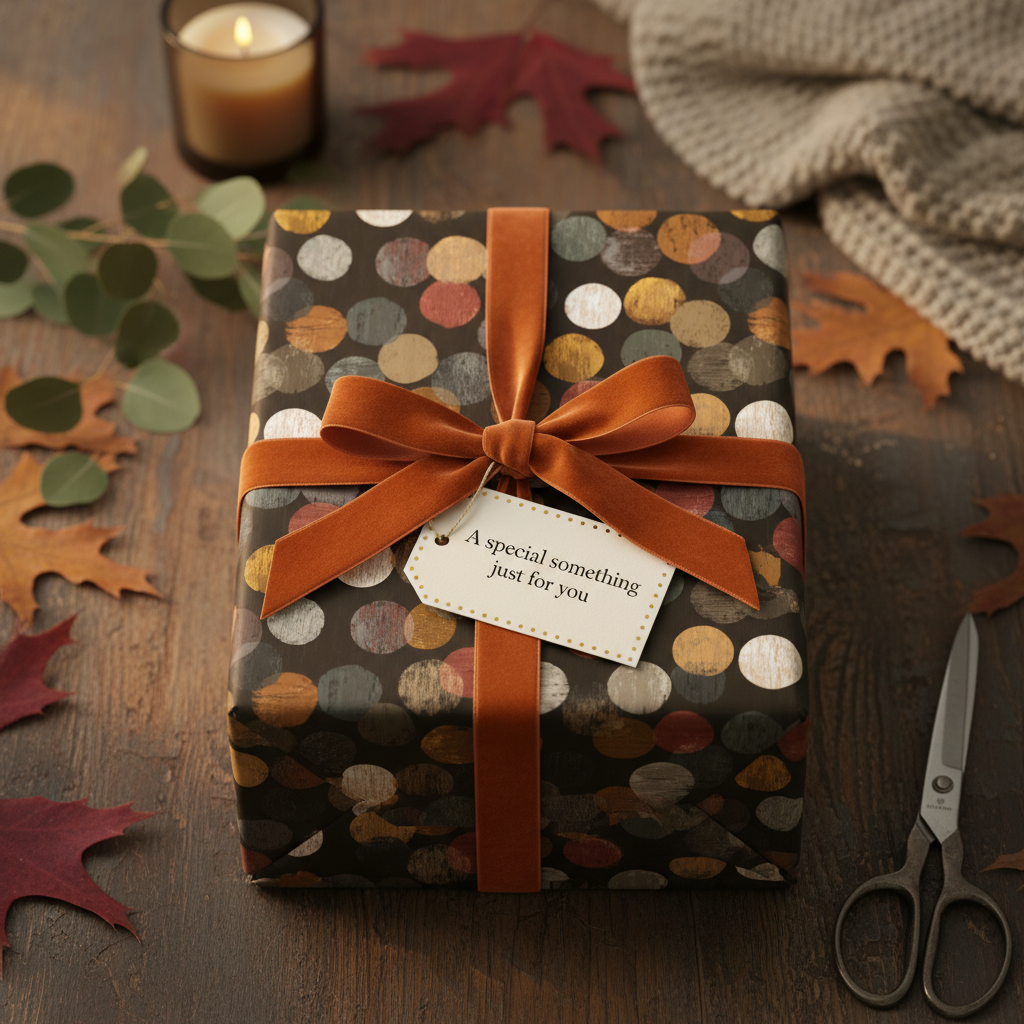 Elegant gift wrapped in modern polka dot wrapping paper with burnt orange velvet ribbon on a wooden table.