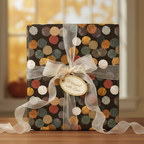 Wrapped gift with polka dot paper, sheer ribbon, and "Wrapped with Love" tag.