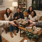 Hands exchanging a gift wrapped in polka dot wrapping paper with ribbon, amid a happy celebration.