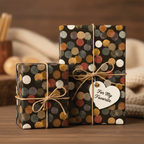 Two gifts wrapped in modern polka dot wrapping paper with twine and "For My Favorite" tag.