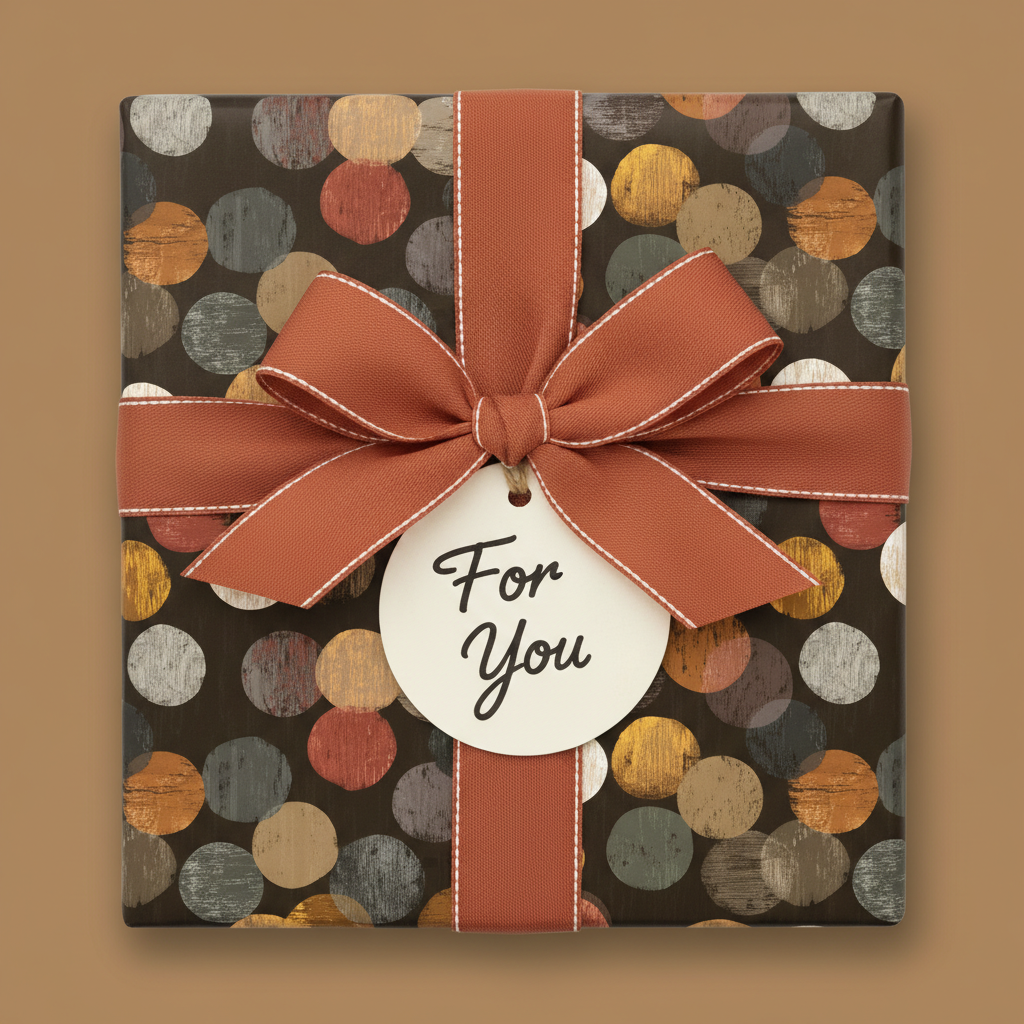 Square gift box wrapped in modern brown polka dot paper with a rust-colored ribbon and "For You" tag.