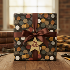 Gift wrapped in modern polka dot wrapping paper with "For Dad" tag and brown ribbon.