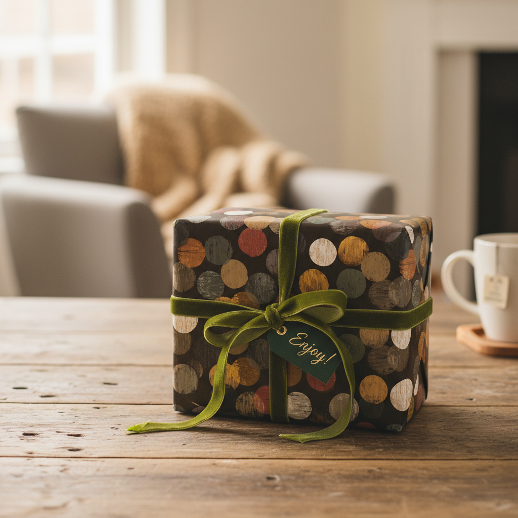 Square gift wrapped in modern polka dot paper with olive green velvet ribbon and "Enjoy!" tag.