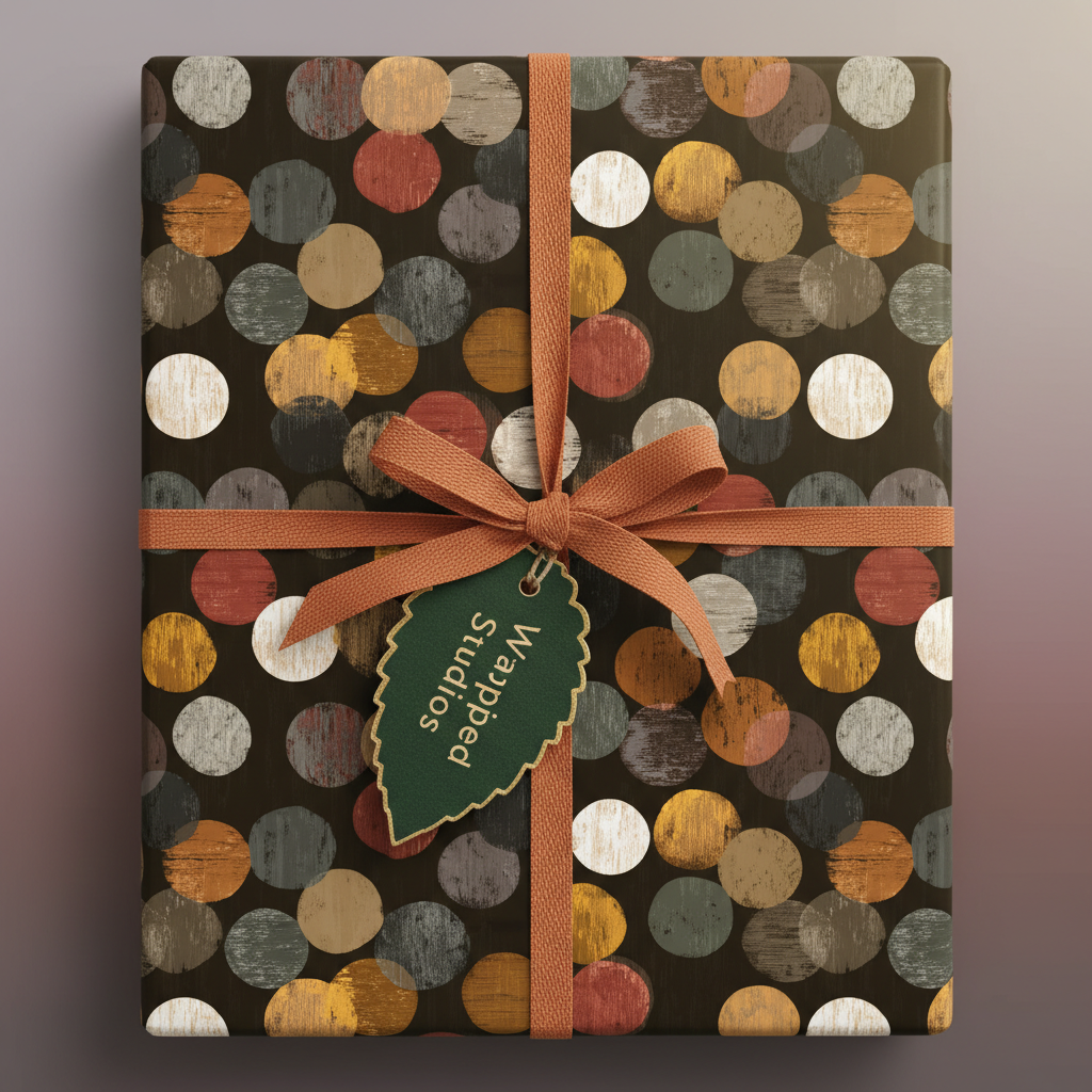 Retro wrapping paper with earthy-toned circles, rust ribbon, and leaf-shaped gift tag.
