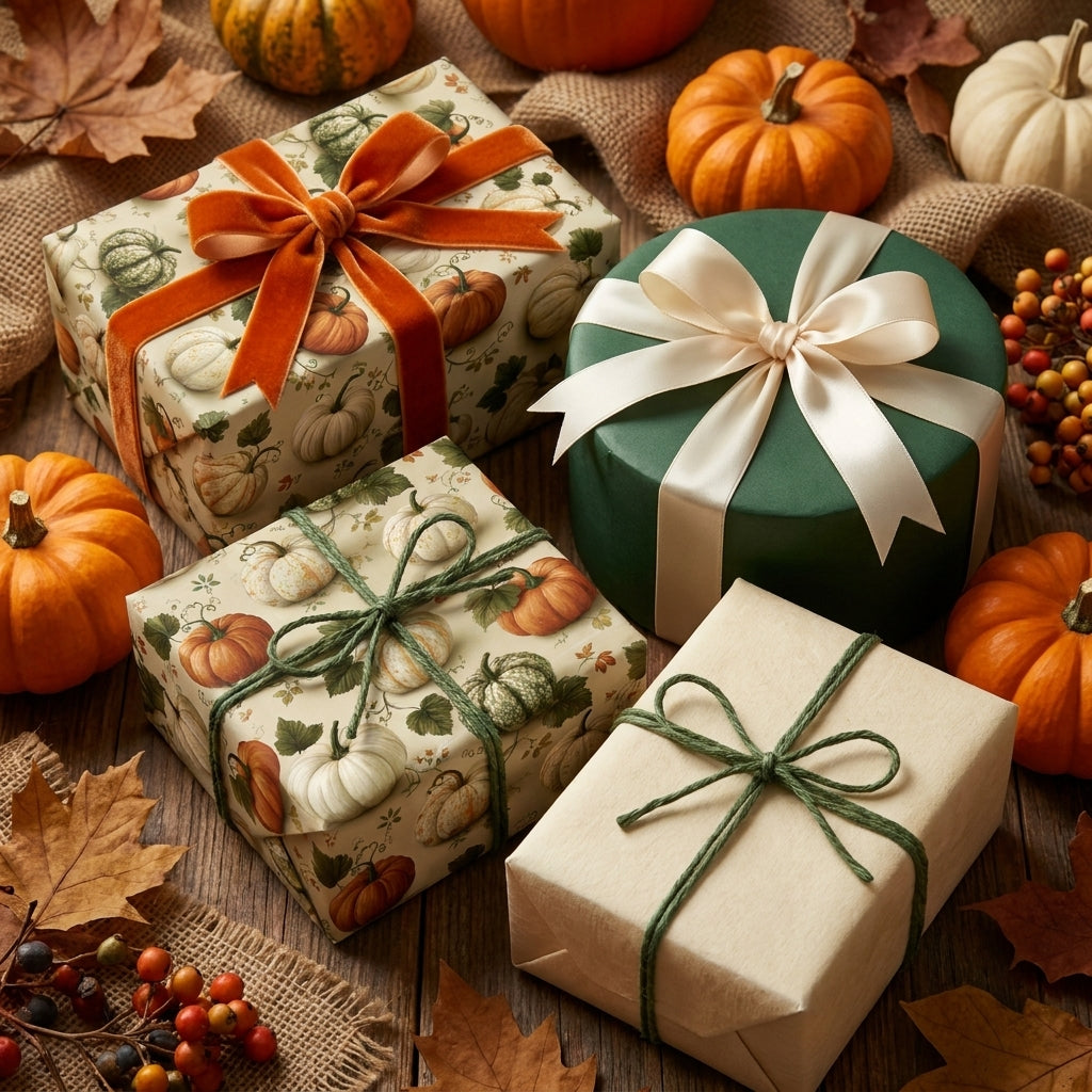 Rustic pumpkin wrapping paper and fall gift wrap on a Thanksgiving table by Wrapped Studios.