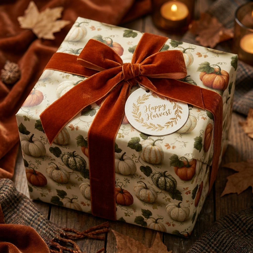 Autumn pumpkin wrapping paper with rust velvet ribbon and Happy Harvest tag by Wrapped Studios.