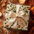 Fall pumpkin wrapping paper by Wrapped Studios with a cream satin bow and gift tag.