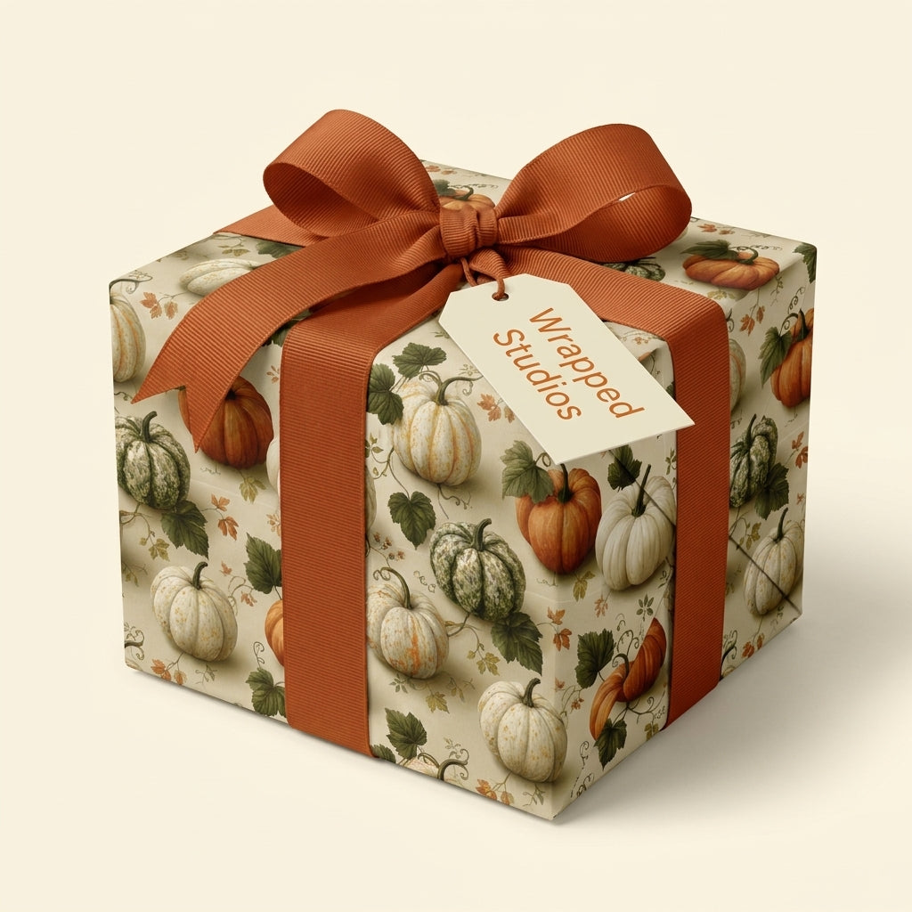 Fall pumpkin wrapping paper on a gift box with a burnt orange ribbon, by Wrapped Studios.