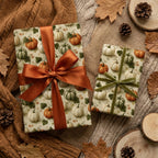 Autumn pumpkin wrapping paper on gifts with rust and green bows by Wrapped Studios.