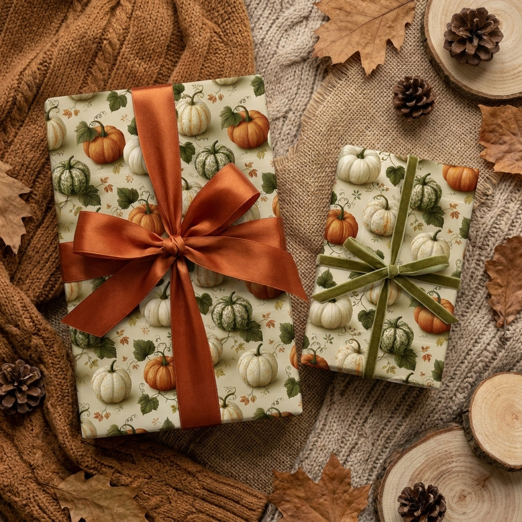 Autumn pumpkin wrapping paper on gifts with rust and green bows by Wrapped Studios.