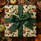 Rustic pumpkin wrapping paper with a dark green bow, Thanksgiving gift wrap by Wrapped Studios.