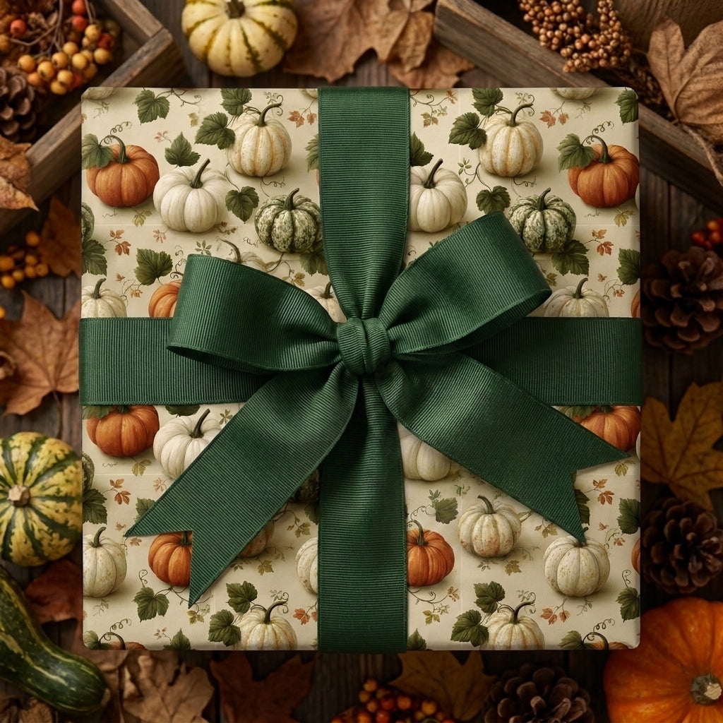 Rustic pumpkin wrapping paper with a dark green bow, Thanksgiving gift wrap by Wrapped Studios.