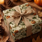 Rustic pumpkin wrapping paper with a burlap bow for Thanksgiving and fall gifts, by Wrapped Studios.